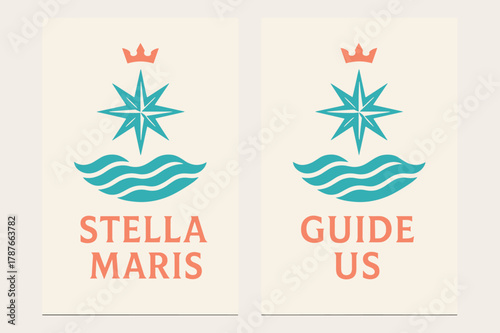 Stella Maris Banners. Star of the Sea. Two vertical A6 banners with safe margins, centered composition, no elements touching edges, modern, turquoise and