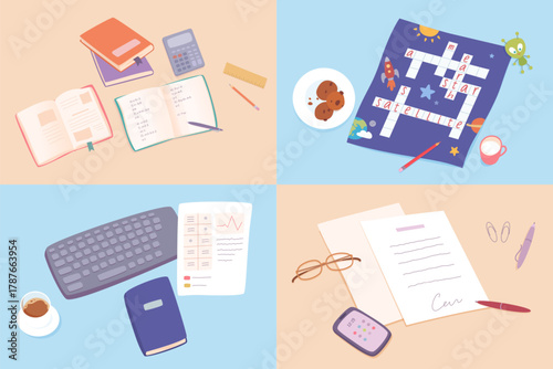 Study and office desk items top view. Open books, calculator, ruler, crossword puzzle with cookies and milk, keyboard with reports, glasses, documents. Flat lay vector illustration.