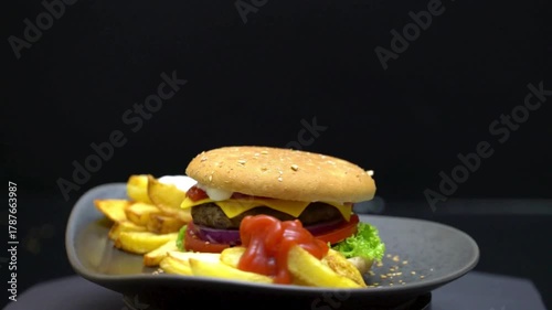 4k footage. Great Burger with beef cutlet, Delicious burger with fresh food,