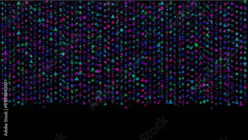 A dense cascade of tiny, vibrant geometric shapes in neon purple, blue, and green falls like digital confetti against a stark black background.