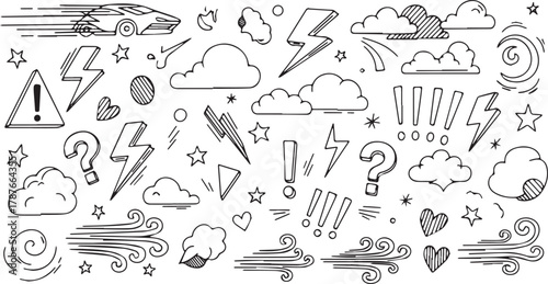 Hand-drawn weather and hazard doodles including clouds lightning wind and a warning sign vector illustration