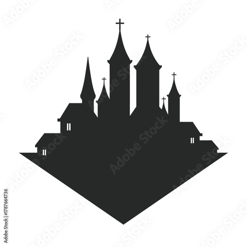 Isolated castle silhouette on white background, showing multiple towers and turrets, with small windows at base. Isolated castle image with dark monochrome buildings creates contrast in diamond shape.