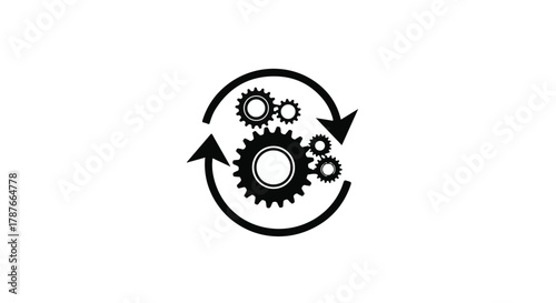 Interlocking gears and arrows symbolize a seamless system and continuous process.