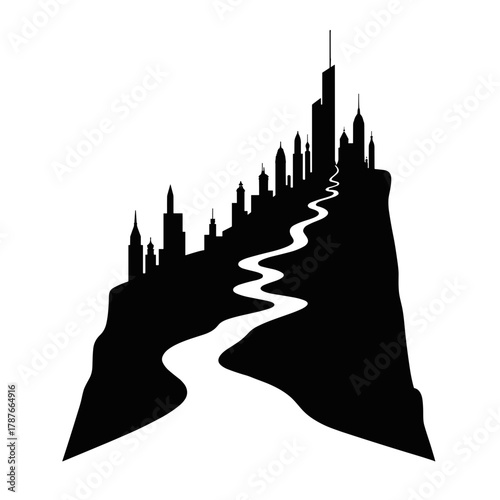 Isolated city silhouette on a hill with winding path showcases an isolated city. Isolated city architecture rises on a promontory, creating an abstract graphic.