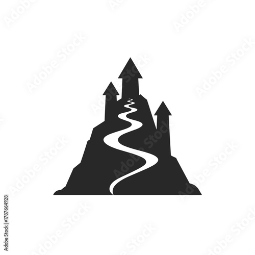 Isolated castle silhouette atop winding path conveys mysterious allure. Isolated castle built on dark mountaintop, with towers and path snaking up its side, evoke fantasy realms.