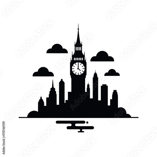 Silhouette skyline showing city skyline with Big Ben, buildings, and water reflection. City skyline includes famous tower and clouds. Isolated city skyline illustration for logos or illustrations.