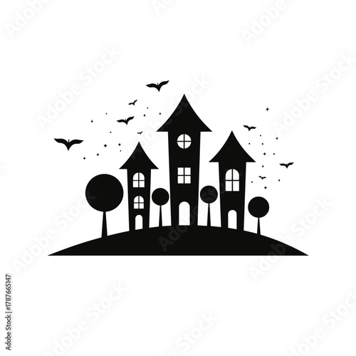 Silhouette isolated haunted houses on hill with trees and bats creating spooky halloween scenery. Isolated silhouette captures creepy buildings and trees on hilltop with flying bats,