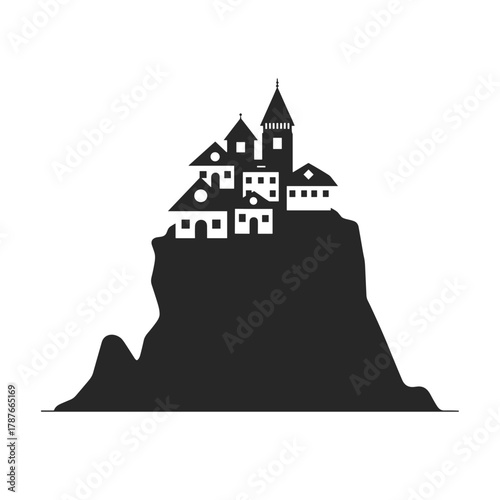 Isolated hilltop village silhouette against white background. Isolated hilltop village shows small houses and central tower on the hill.