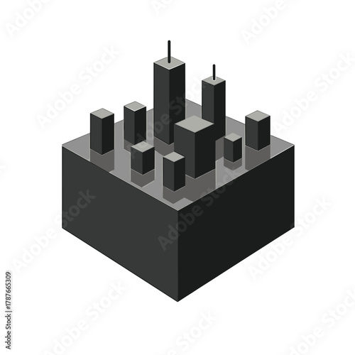 Illustration of isolated building blocks forming urban skyline. Isolated blocks create geometric pattern, symbolizing modern city architecture in gray scale.