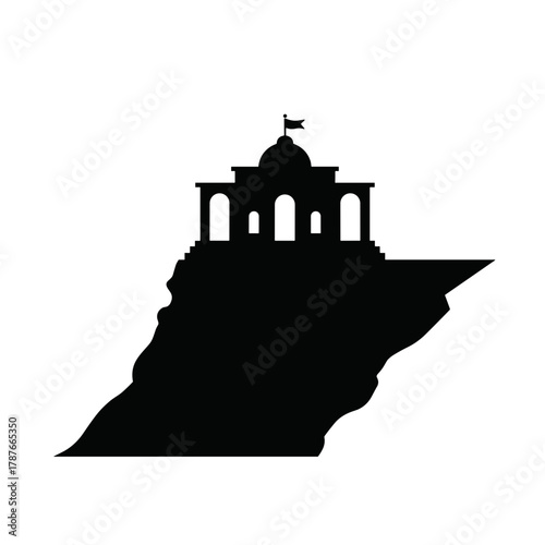 Isolated temple silhouette on hilltop with flagpole. Isolated temple icon showcases classic architectural design with arched entrances and dome, sitting atop rocky peak. For graphics projects,