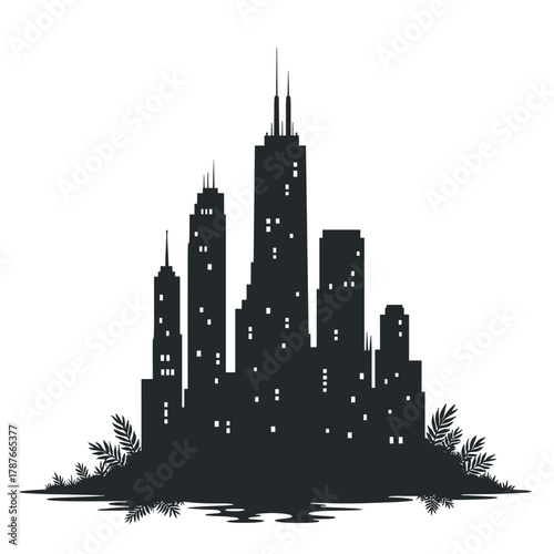 Isolated cityscape silhouette with ferns, showcasing urban design with buildings and skylines. Isolated cityscape art highlights architectural structures and natural accents for visual balance.