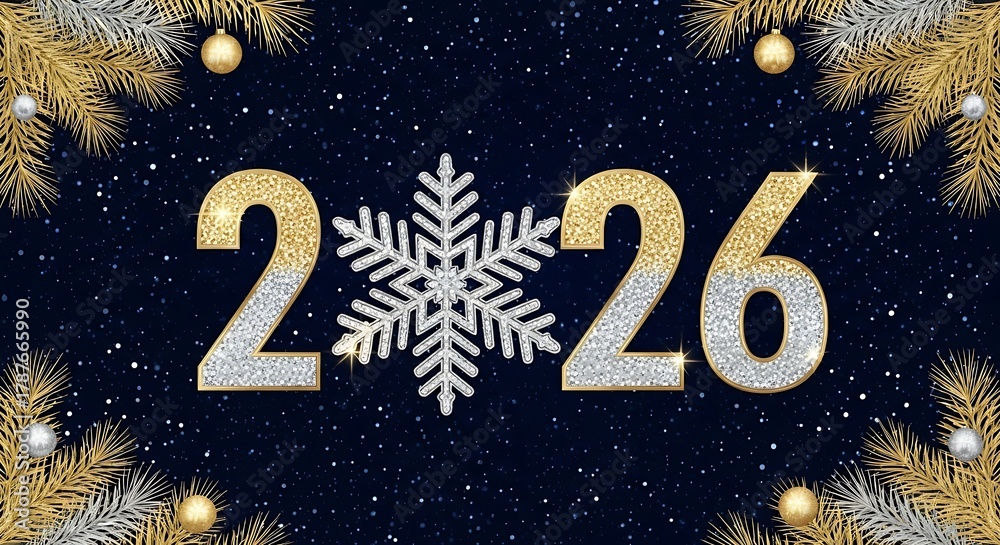 Naklejka premium Sparkling 2026 new year design with snowflake and golden decorations
