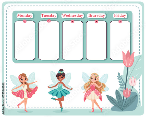 A weekly planer for a student. School Time Table Template with a genuine fairies on white background. Vector illustration in flat cartoon style