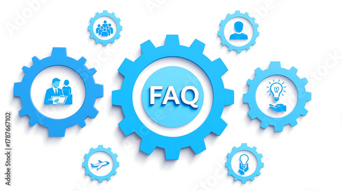 Frequently asked questions faq help center support knowledge base gears mechanism blue and white background