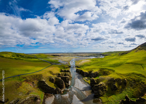 Wide open Landscape with river in Iceland on a nice Summer Day.