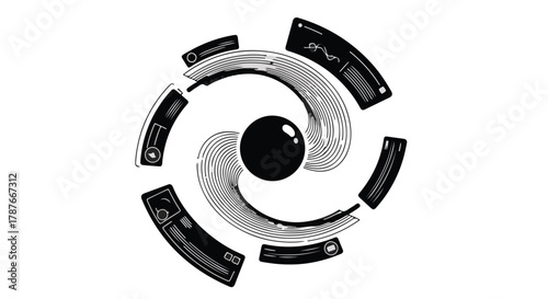 Abstract futuristic circular interface with glowing elements and data visualization