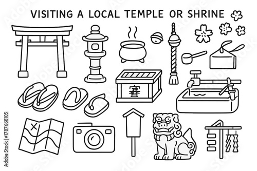 Temple Doodle Icons. Visiting a local temple or shrine. Hand-drawn doodle illustration Visiting a local temple or shrine torii gate, stone lantern, incense