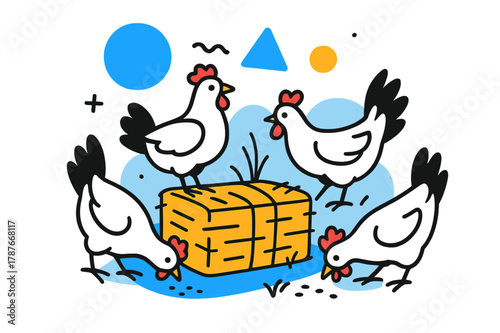 Geometric Poultry Farm. Poultry Farm. Chickens pecking around hay bales with floating abstract geometric shapes and soft glowing accents, lively and productive