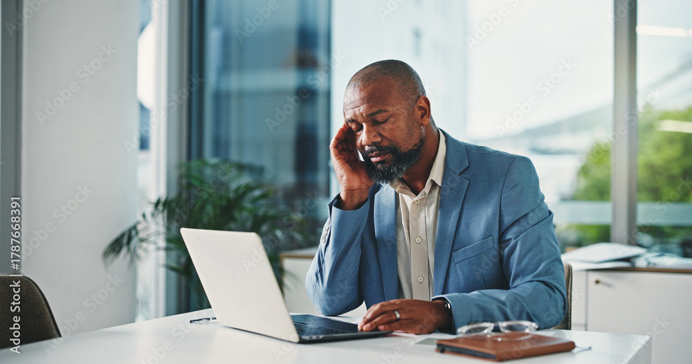 Naklejka premium Fatigue, headache and black man in office with laptop for stock market crisis with investment. Computer, migraine and African male financial manager with stress for finance report in workplace.