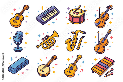 Colorful Musical Icons. musical instruments. Colorful isometric vector icons set of musical instruments: guitars, pianos, drums, violins,