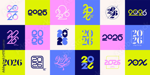 Vibrant Happy New Year 2026 Vector Logo Collection: Diverse Modern Typography Designs for Seasonal Greetings, Branding, and Festive Events.
