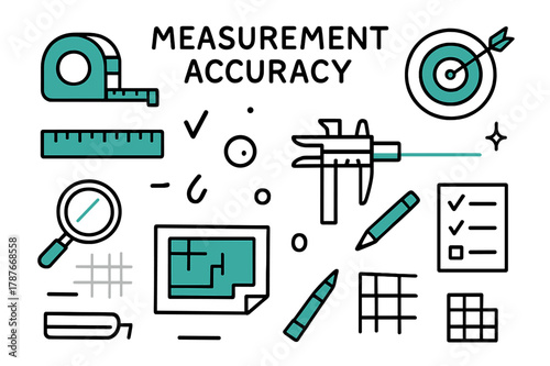 Measurement Accuracy Icons. // Measurement accuracy. Hand-drawn doodle illustration Measurement accuracy [tape measure (accented), ruler (accented), target