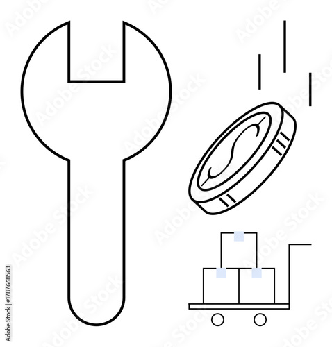 Wrench, falling coin, and trolley with packaged goods convey maintenance, budgeting, logistics, and economic repair. Ideal for finance, logistics, operations trades investments mechanical work