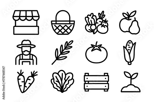 Farmers' Market Icons. Farmers? market. Line icon set of farmers? market: market stall, basket, fresh vegetables, fruits, farmer, herbs, tomato, corn, carrots,