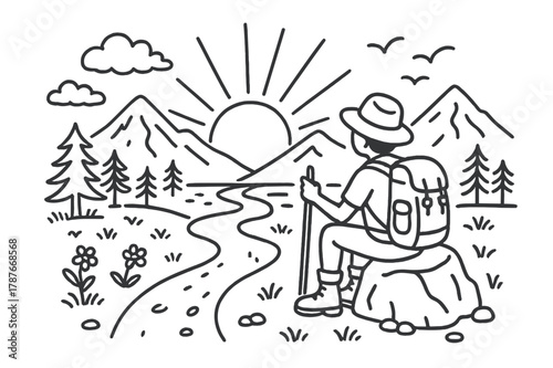 Solo Traveler Sunset. Solo Traveler Sunset. Hand-drawn doodle illustration Solo Traveler Sunset person sitting on rock, sunset, mountains, clouds, river,