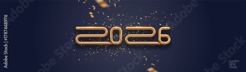 2026 new year golden logo and confetti on black background. Greeting card design with gold metal number of year. Vector illustration.