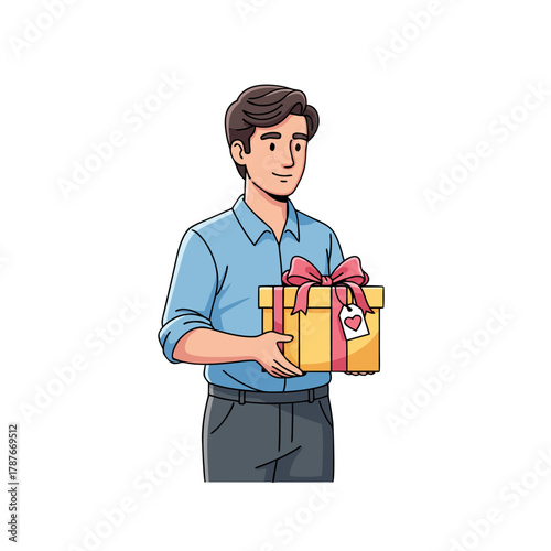 Man holding a gift box with a bow in a cheerful manner  