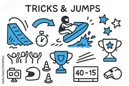 Extreme Sports Doodles. // Tricks & jumps. Hand-drawn doodle illustration Tricks & jumps [ramp wake (accented), airborne jet ski (accented), splash stars, flip