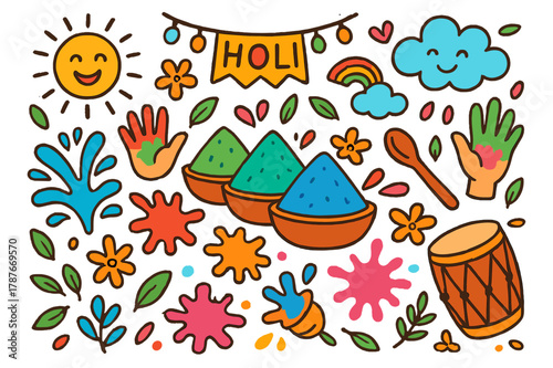 Vibrant Holi Celebration. vibrant Holi powders. Colorful Hand-drawn doodle Children illustration vibrant Holi powders bowls, bright powders, hands, spoon,