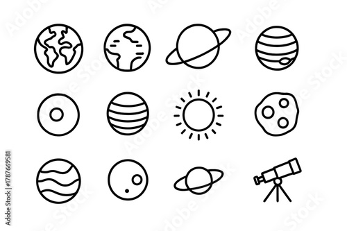 Planetary Line Icon Set. Planets and orbits. Line icon set of planets: earth, mars, saturn, jupiter, neptune, venus, mercury, orbit line, sun, asteroid, ring