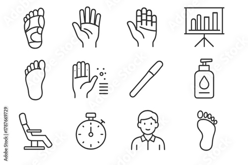 Reflexology Icon Set. Reflexology. Line icon set of reflexology: foot map, hand map, reflex points, chart, foot, hand, massage stick, lotion bottle, chair,