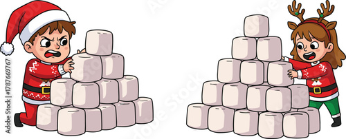Cute Christmas boy and girl wearing festive outfits stacking marshmallows and playing holiday building game for winter celebration illustration design