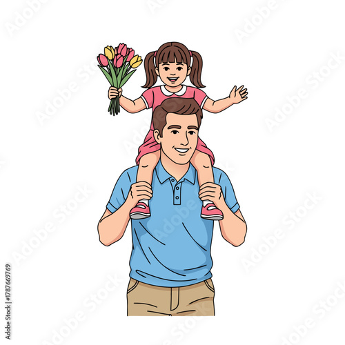 Father carrying daughter on shoulders while she holds flowers  