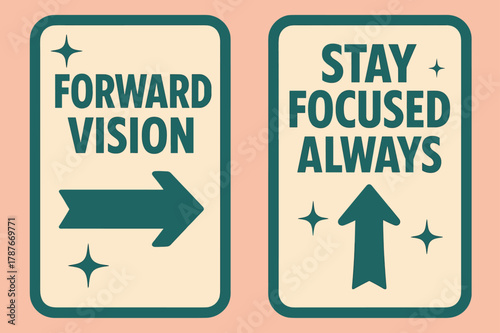 Retro Banners Display. Forward vision. Two vertical A6 banners with safe margins, centered composition, no elements touching edges, retro, pink and teal,