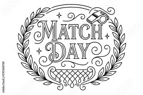 Ornamental Lettering Crest. Match Day ? Flourish Lettering; classic ornamental serif with medium swashes and tidy curls; circular crest composition with an