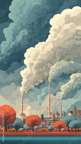 Industrial pollution with factory smokestacks emitting thick white clouds into a dramatic sky, illustrating environmental impact