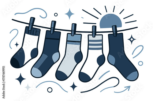 Socks in Motion. Socks. Hanging socks drying on a line with abstract floating lines, sun rays, and sparkles; conveys household chores, lifestyle, and casual