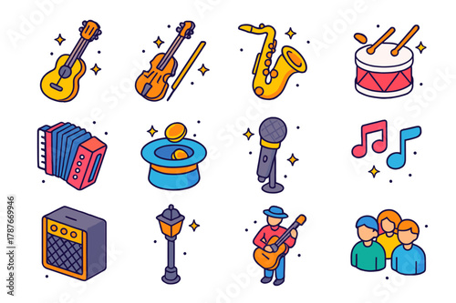 Colorful Performance Icons. Public performance. Colorful isometric vector icons set of public performance: guitar, violin, saxophone, drum, accordion, hat for