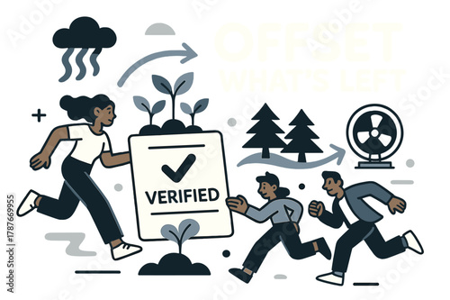 Carbon Offset Illustration. Offsets & removals. Seedlings sprout from a certificate marked ?Verified?; arrows flow from emissions to a forest and direct air