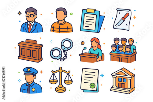 Criminal Defense Icons. Criminal defense. Colorful isometric vector icons set of criminal defense: defense lawyer, defendant, legal documents, evidence,