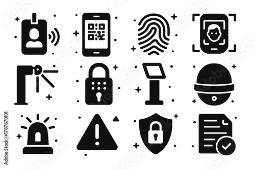 Security Icons Grid. Access control and security. Solid icons set of access control and security: RFID badge, mobile key QR, biometric fingerprint, face