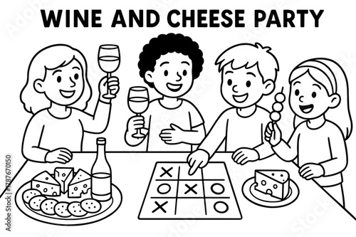 Wine and Cheese Fun. wine and cheese party children?s coloring book illustration, outlined drawing, friends having a wine and cheese party with fun and games,