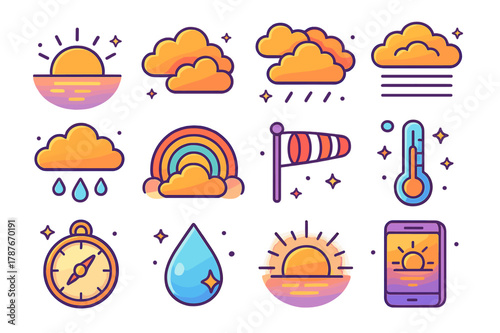 Dawn Weather Icons. weather at dawn. Colorful isometric vector icons set of weather at dawn: clear sky icon, scattered clouds, overcast layer, fog bank, light