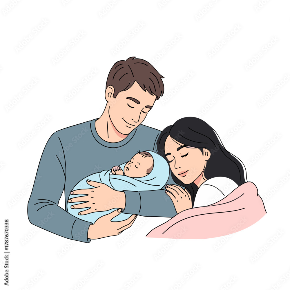 Obraz premium Happy couple holding newborn baby while relaxing at home 