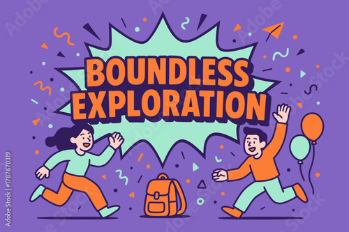 Boundless Exploration Banner. Boundless exploration banner, flat vector illustration, bold oversized text inside comic burst, cartoon characters running and