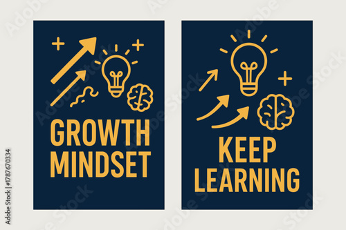 Growth Mindset Banners. Growth mindset. Two vertical A6 banners with safe margins, centered composition, no elements touching edges, bold, navy and gold,